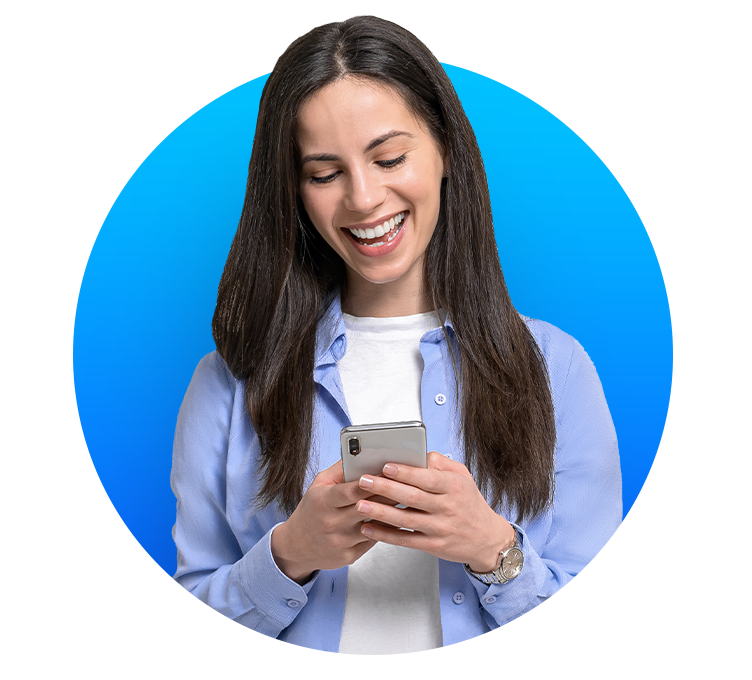 Women smiling looking at her mobile device inside a gradient circle