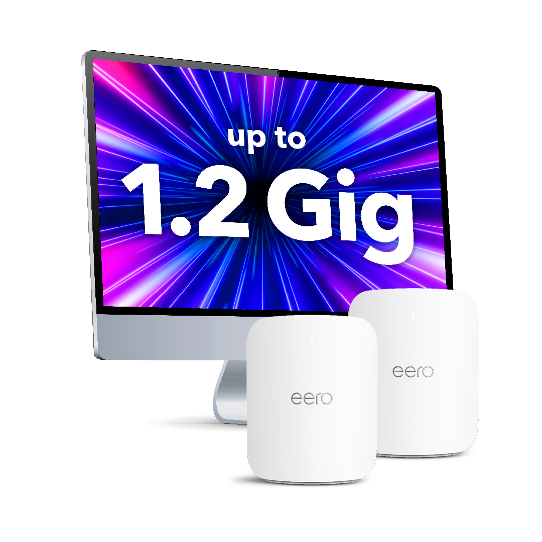 A computer monitor and 2 Eero Devices Display up to 1.2 Gig