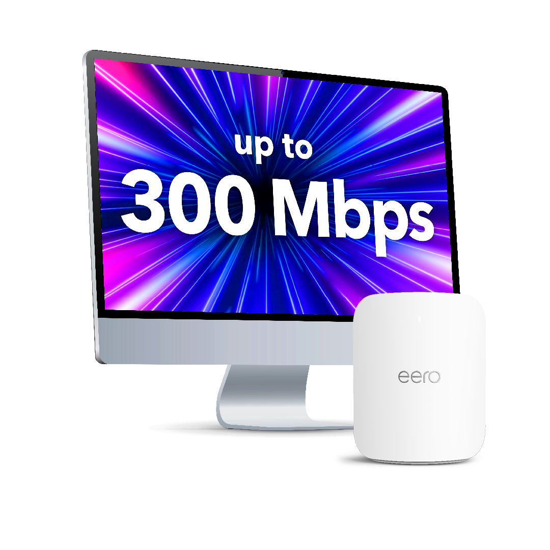 A computer monitor and 2 Eero Devices Display up to 300 mbps