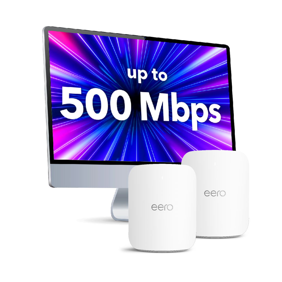 A computer monitor and 2 Eero Devices Display up to 500 mbps