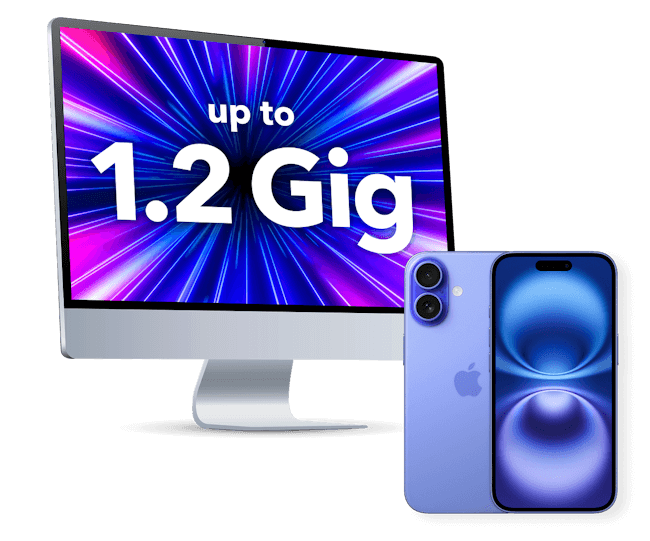 Screen showing 1.2 Gig internet speed next to an iPhone.