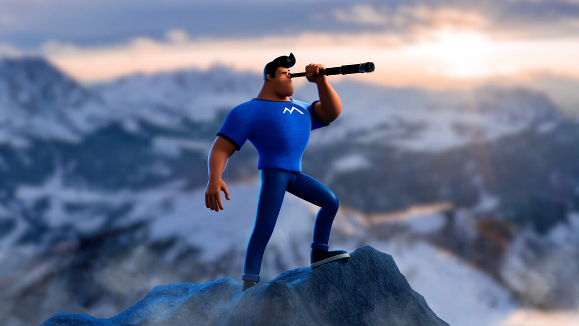 BR mascot in a blue shirt with a white mountain logo stands on a rocky peak, looking through a telescope over snowy mountain ranges at sunrise, symbolizing vision, exploration, and opportunity.