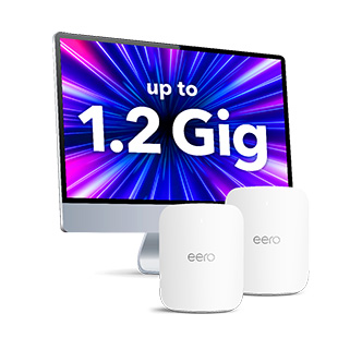 Computer screen displaying ‘up to 1.2 Gig’ with two eero WiFi units beside it, promoting Blue Ridge’s high-speed internet plan.