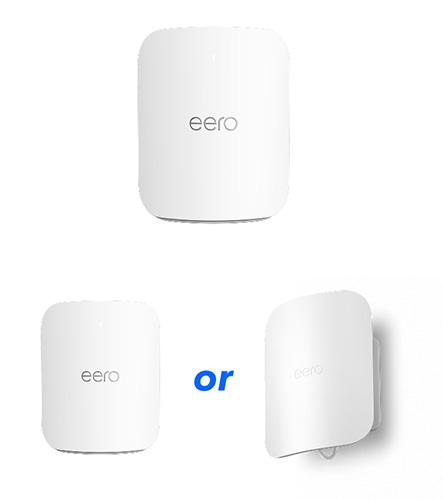 Blue Ridge HomeFi indoor and outdoor eero WiFi units displayed side by side, highlighting the choice of two free devices for 12 months.