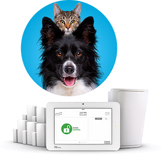 Dog and cat above Blue Ridge Smart Home Security touchscreen alarm system with sensors, promoting the Starter Kit offer.