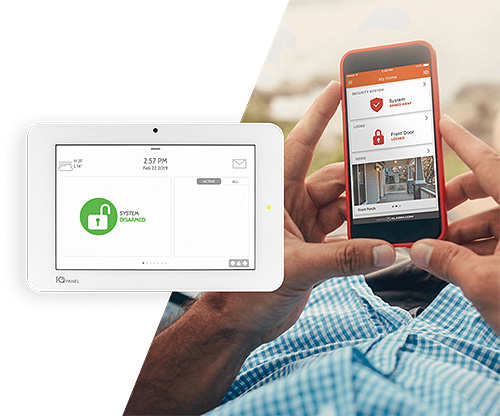 Touchscreen home security control panel and smartphone app interface showing system status.