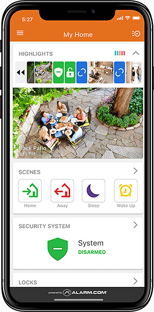 Smart home security app displayed on a smartphone showing live camera feed and system controls