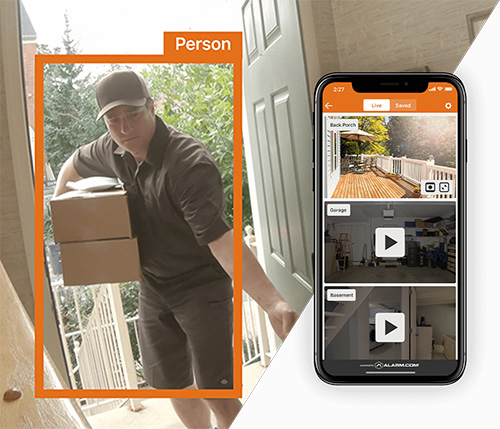 Security camera detecting a person delivering packages with video analytics highlighting the movement
