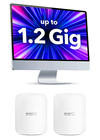 Blue Ridge 1.2 Gig internet offer showing computer screen with speed graphic and two eero HomeFi units, highlighting fast WiFi and streaming performance.