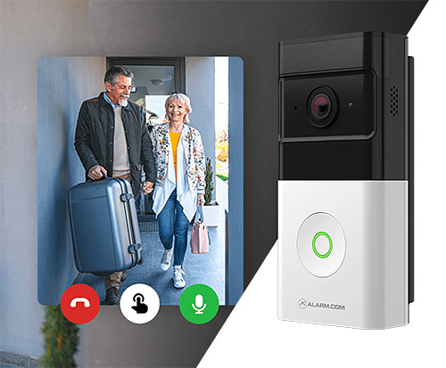 Video doorbell showing live view of two visitors arriving at a home with luggage