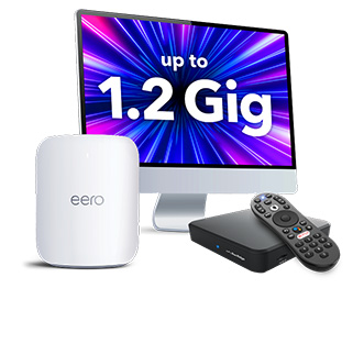 Internet offer display showing an eero Wi-Fi device, a TV screen reading “up to 1.2 Gig,” and a streaming remote and set-top box