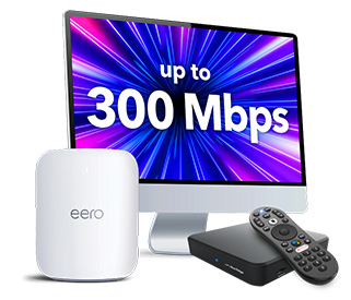 eero Wi-Fi device beside a TV screen displaying “up to 300 Mbps,” along with a streaming remote and set-top box