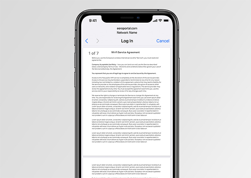 Mobile screen showing eero for Business guest WiFi usage limits, displaying the Wi-Fi service agreement page within a captive portal login.