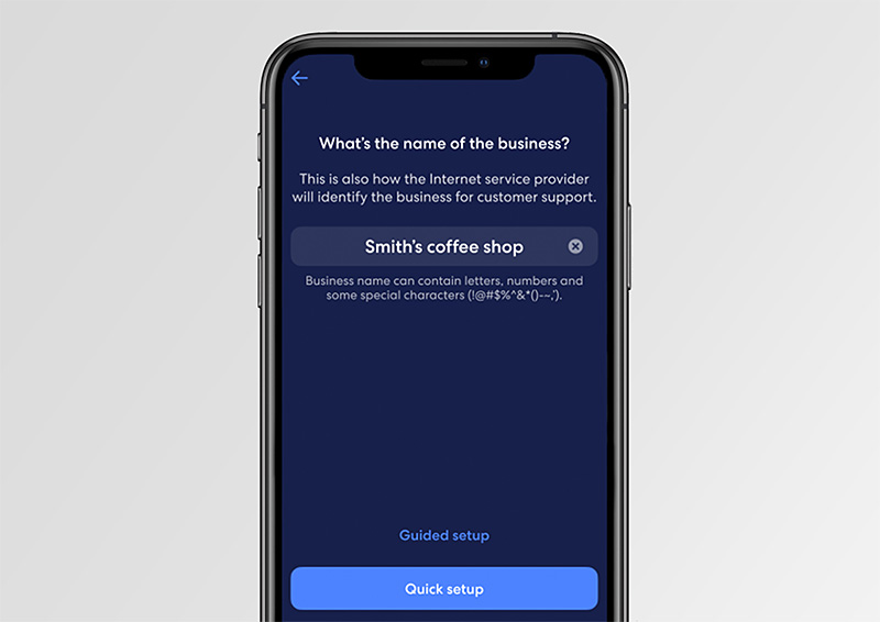 Mobile screen showing eero for Business setup where a business enters its name to create a customized guest WiFi experience.