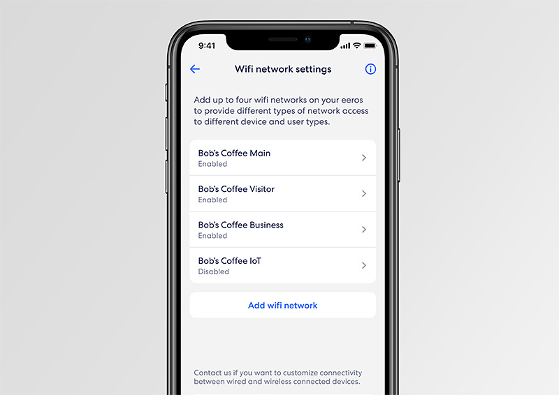 Mobile screen showing eero for Business WiFi network settings with four customizable SSIDs for different device and user types.