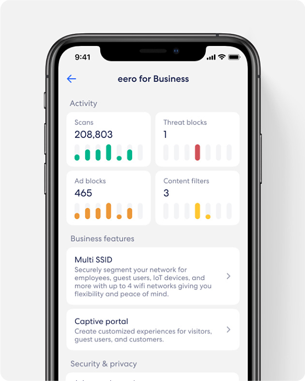 Smartphone displaying the eero for Business app next to pricing information starting at $15.95 per month.