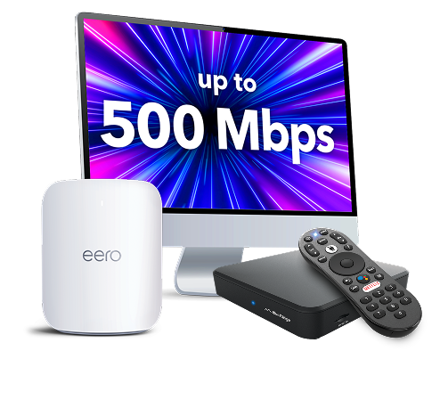 Up to 500 Mbps on a computer screen with a eero device and a stream box next to it