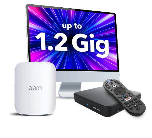 Up to 1.2 Gig on a computer screen with a eero device and a stream box next to it