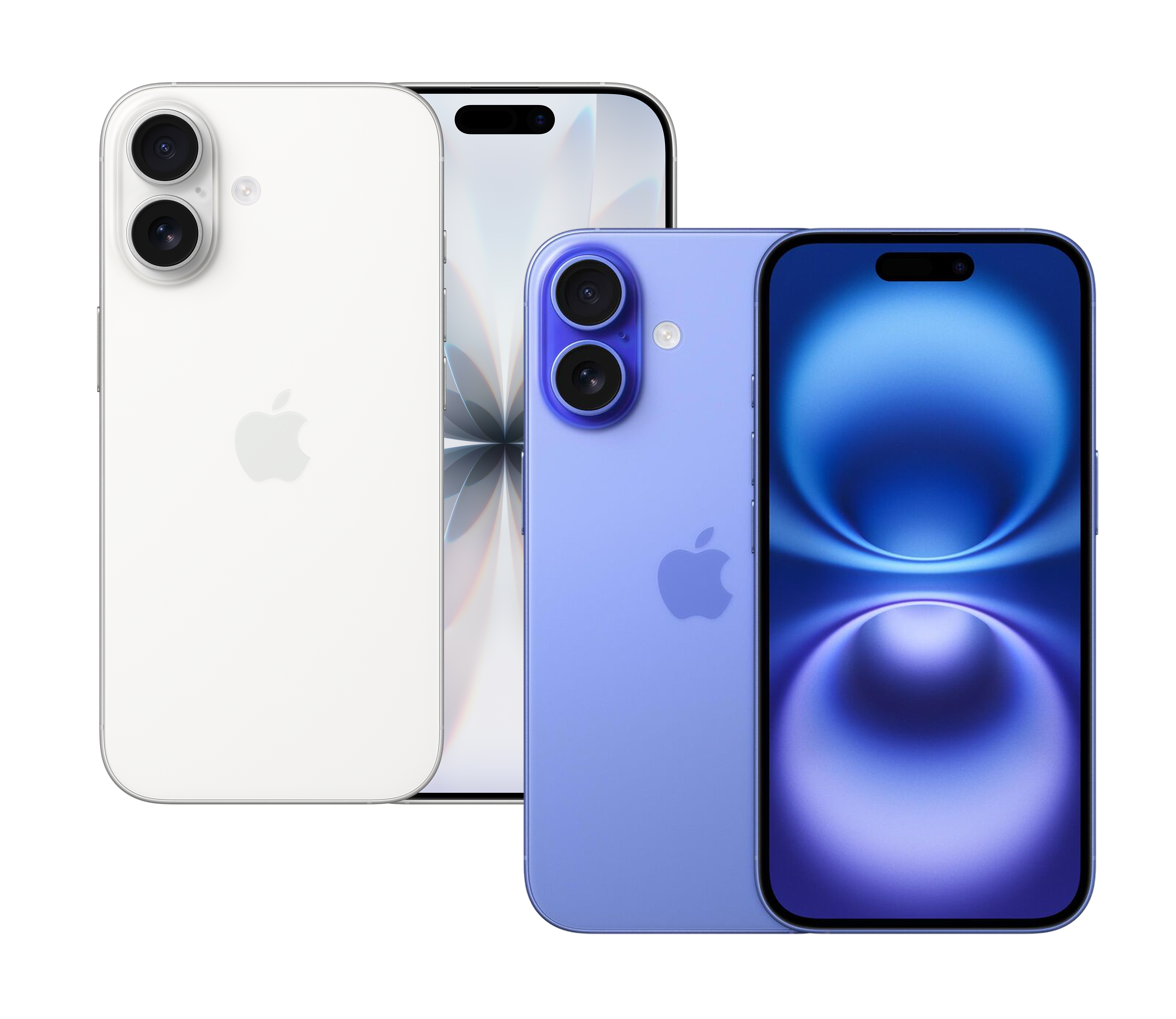 Two blue iPhones back to back and two white iPhones back to back
